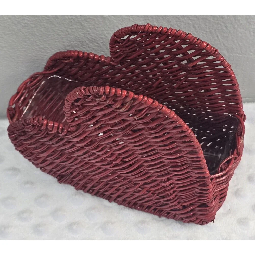 Heart Shaped Wicker Basket Red Planter Napkin Holder Side Shelf Country Decor